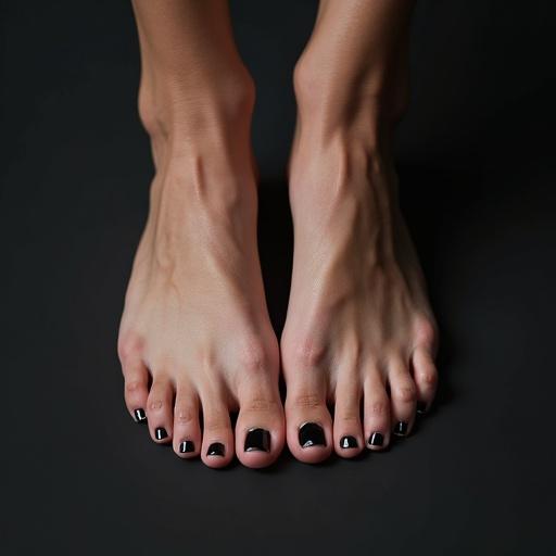 Ultra-realistic 4k close-up of white feet with black painted nails