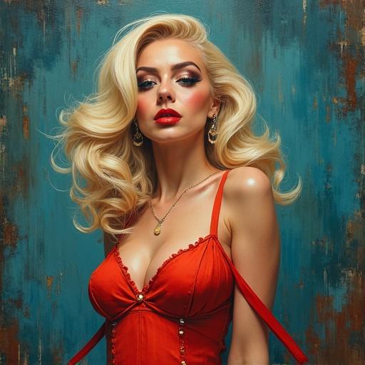 Impressionist style cartoon of a glamorous woman. Features bold colors and a chic pose. Long wavy blonde hair. Striking red dress and bold makeup.