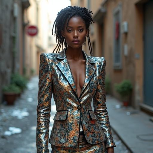 An extraordinarily beautiful woman wearing a luxurious business suit made from repurposed urban waste. Suit features intricate layers of shredded plastic bags and aluminum cans. Smooth glossy smartphone screen fragments arranged like sequins. Delicate embroidery from twisted copper wires and circuit boards. Structured blazer and pencil skirt from recycled fabric scraps. Accessories include USB drives and LED lights. Hair styled with braids and ribbons from packaging tape. Confidently standing in a gritty urban alley. Ultra-realistic rendering with cinematic lighting highlighting grime and glamour.