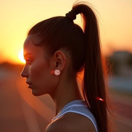 Athleisure icon features high ponytail wearing titanium ear cuffs. Background shows sunset lighting on track.