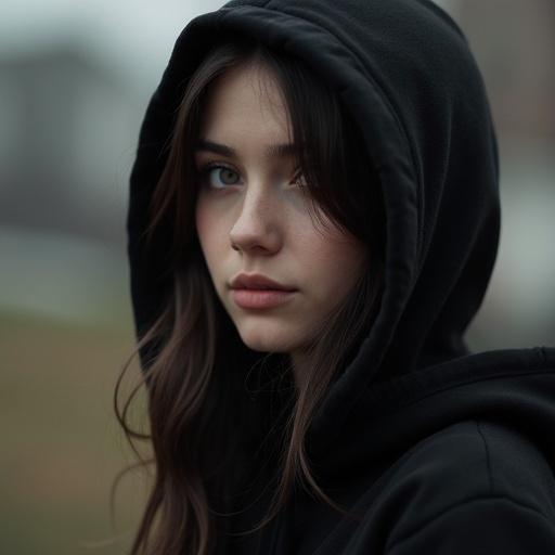 E-girl wearing black hoodie. The image is slightly blurry with a focus on the girl's face.