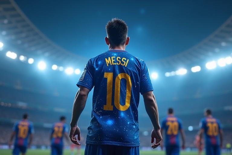 Lionel Messi in a celestial-themed jersey, calm stance, glowing aura, leading teammates on the field. Ultra HD, 4K quality, 16:9 ratio.
