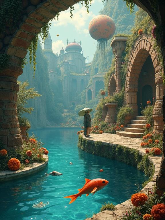 Create surreal art scene showcasing imaginative world with water and fishes. Elements include classical Commedia dell'Arte characters within dreamlike abstract backgrounds. Use vibrant colors and intricate details. Include distorted architectures for surreal atmosphere. Employ digital techniques for depth and luminosity.