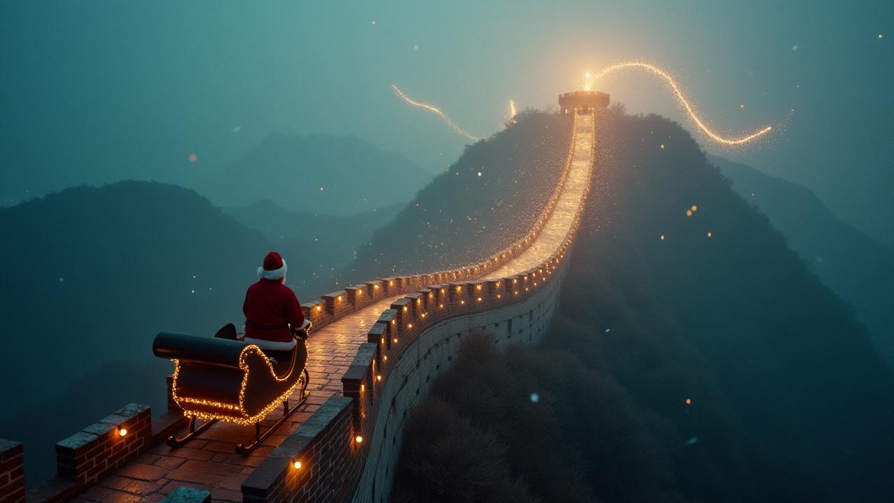 Magical atmosphere aerial shot with Santa flying on sleigh towards the viewer. He leaves a trail of sparkles over the Great Wall of China in a nighttime setting. Highly detailed and realistic.