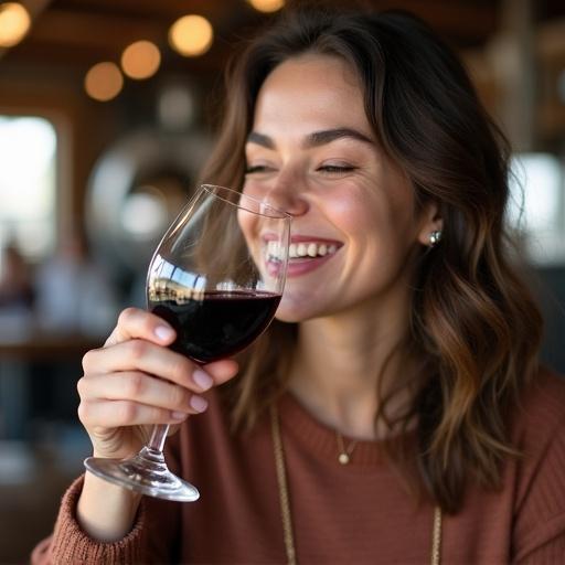 A woman tasting wine at a brewery. She smiles indulgently while holding a wine glass. The photo is a casual close-up.