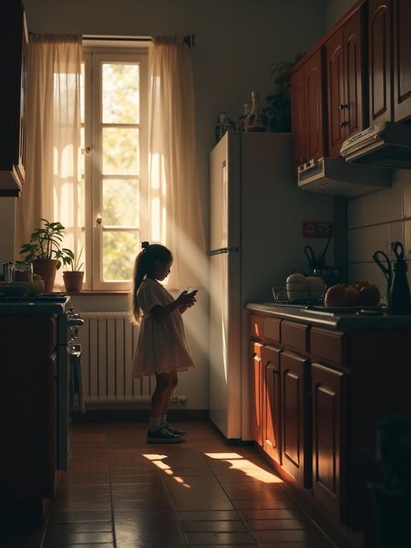 A kitchen scene bathed in soft morning light. A child stands in silhouette by the window. The kitchen is tidy with wooden cabinetry. The atmosphere feels warm and inviting. The child seems to be lost in thought with a sense of calm. The image captures a moment of peaceful solitude in daily life.