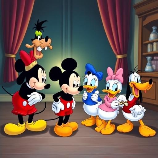 Mickey Minnie Donald Daisy Goofy Pluto prepare for Prince Jonathan's arrival in a cozy room setting.