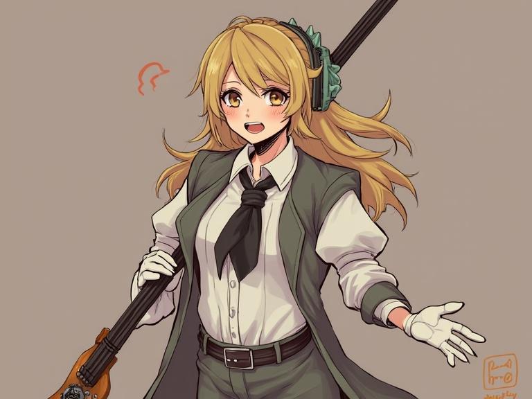 Anime character with long blonde hair wearing a green outfit. Character smiles while holding a guitar. Background is a solid light color.