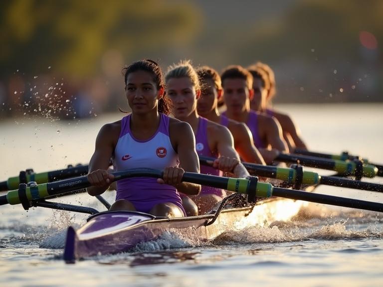 Professional sports photography of an elite diverse rowing crew in action with mixed gender and varied ethnicities. Eight athletes power through water in a sleek purple racing shell with perfect synchronization. Muscular definition is visible and water droplets cascade from oars. The photo captures a dramatic side angle of the rowing motion with golden hour lighting and a shallow depth of field isolating the team against a blurred background. The image has the aesthetic of a Canon 1DX Mark III with 70-200mm lens. High shutter speed captures a freeze-frame moment in a competitive regatta atmosphere showcasing intense focused expressions, team unity and athletic excellence.