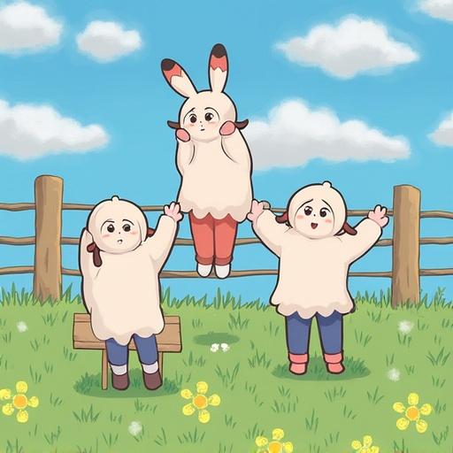 Three cute, anthropomorphic characters with playful poses in a grassy field. The characters are wearing matching costumes and have animal features. Background features a blue sky with clouds and a wooden fence.