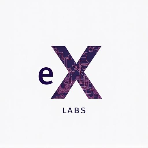 Logo design for eX Labs. Centered layout with 'eX' above 'Labs'. Incorporate test tube design for 'a'. Use deep purple text on black background. Include micro-engraved circuit board texture on 'X'. Tagline is 'Narratives Recompiled' in a smaller size.