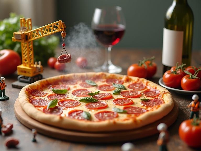 A playful culinary construction site. A massive pizza is being assembled by tiny workers. A miniature crane lifts fresh tomatoes. Tiny bakers spread cheese with small spatulas. Workers roll salami into place. Steam rises gently from the freshly baked pizza. A cozy wine setting is blurred in the background with a wine glass and bottle.