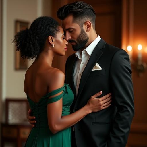 Create a photo book cover for a forbidden romance featuring a couple in a law office. An African American woman in a green dress is close to an Italian man in a suit. Intimate pose with a warm background.
