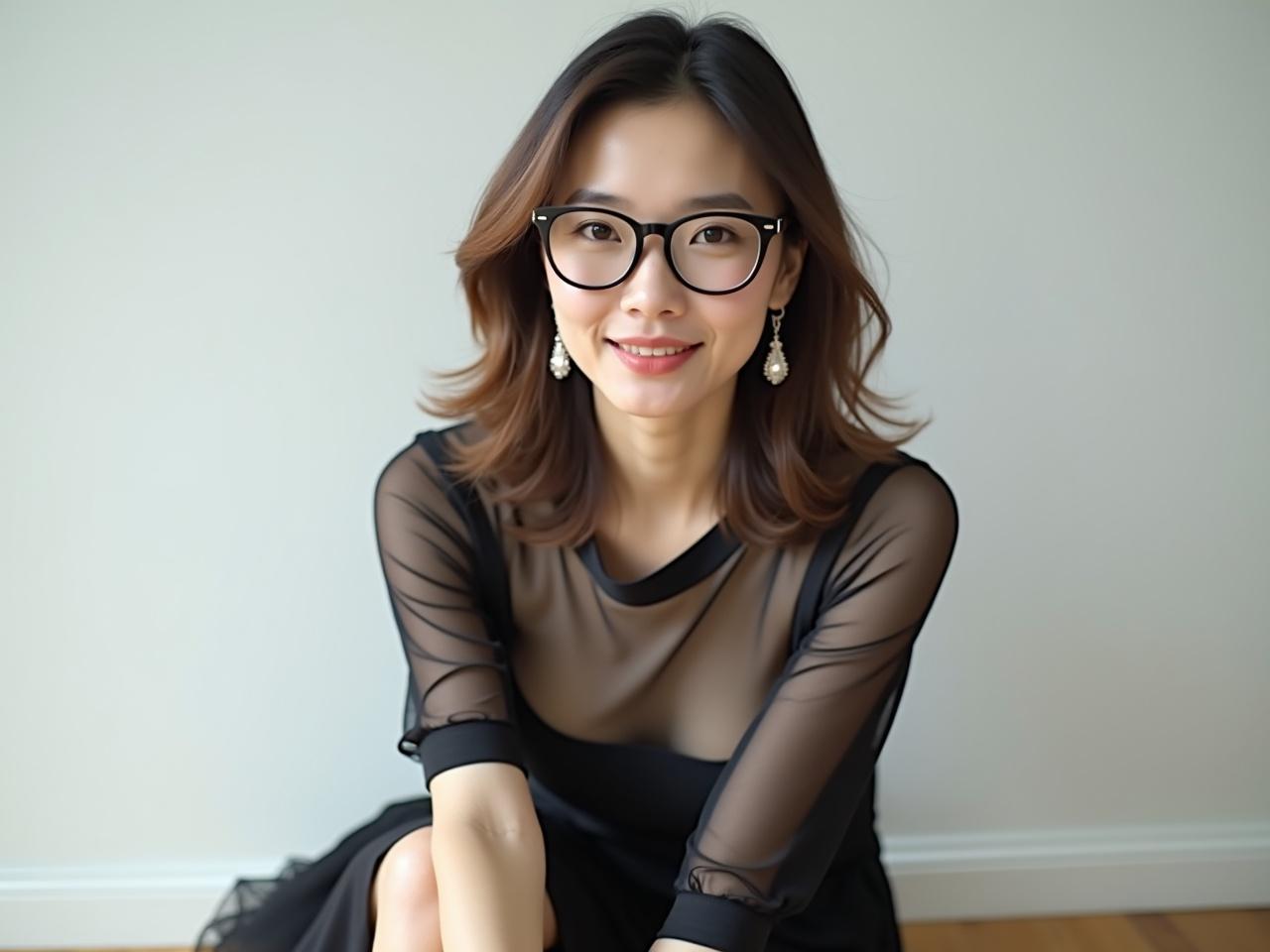 a woman wearing glasses and a black sheer dress, smiling softly, against a neutral background.