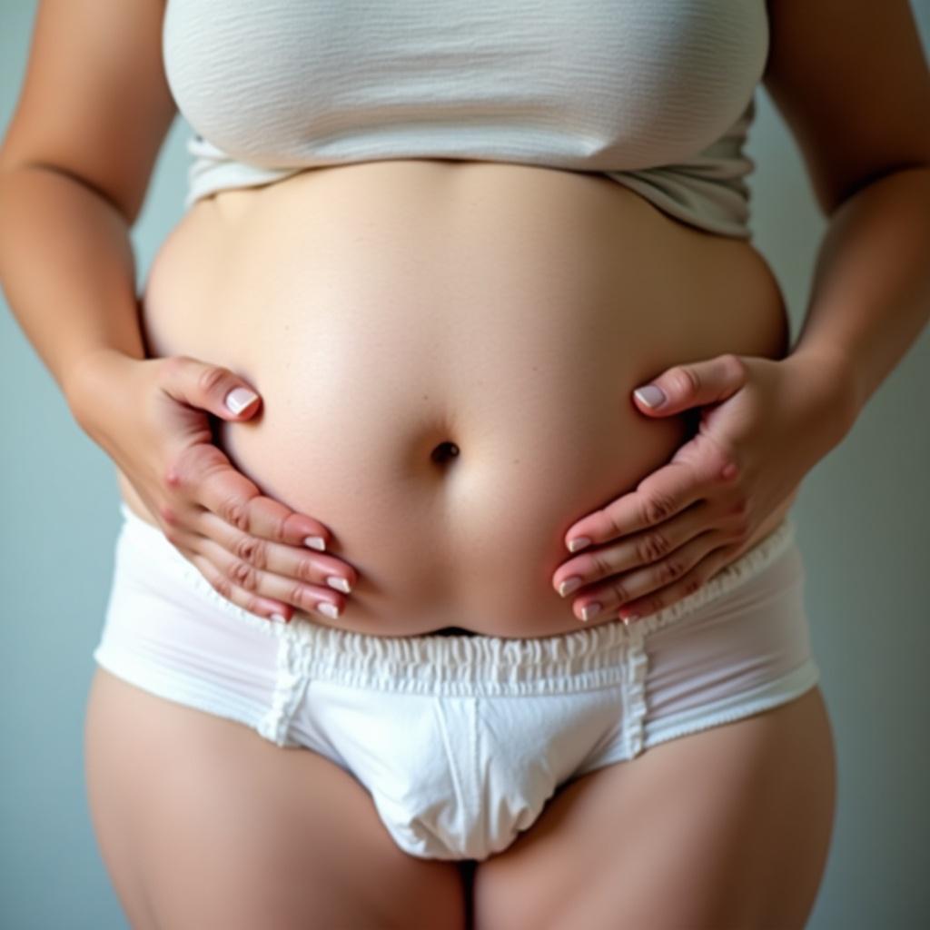 The image features an overweight woman wearing a simple diaper, gently holding her belly with both hands. Her posture is relaxed, suggesting comfort and self-acceptance. The focus is on her abdomen, emphasizing body positivity. She embodies a natural figure, promoting the idea of embracing one’s body. The background is minimal, allowing her presence to be the main highlight.