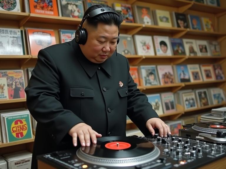 Person playing vinyl records on DJ turntables in a local record store. Person wearing professional DJ headphones. Display of vinyl records in background.