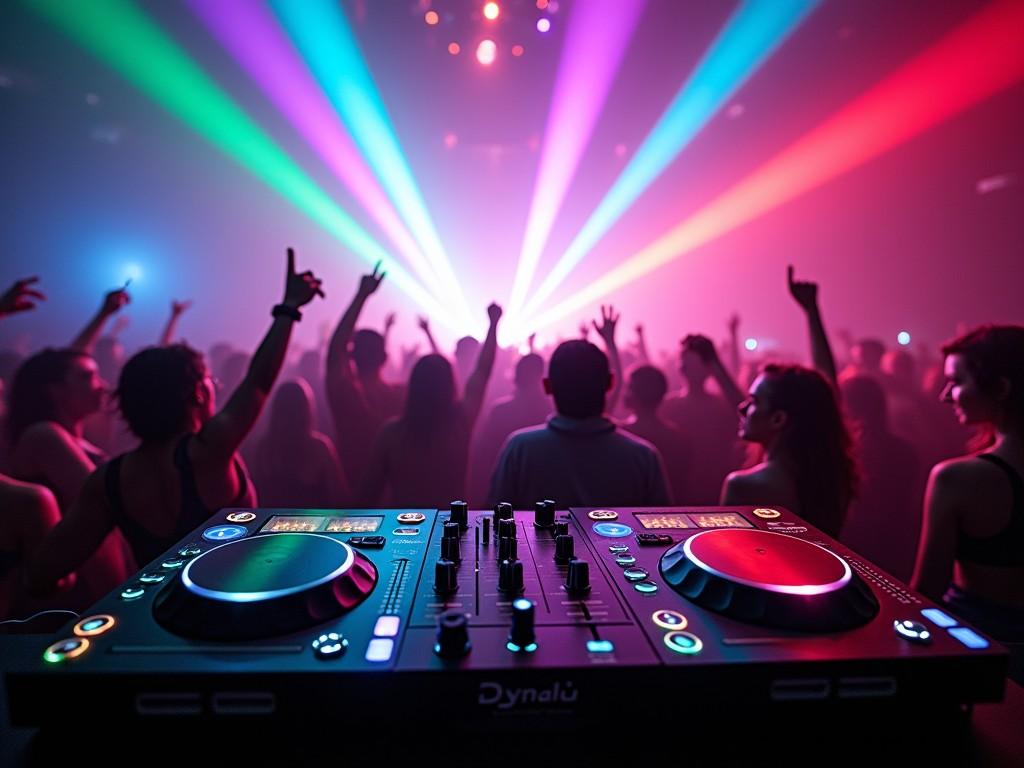 A vibrant and energetic scene of a concert with DJ equipment in the foreground and a colorful crowd under laser lights in the background, capturing the essence of an electronic dance music festival.