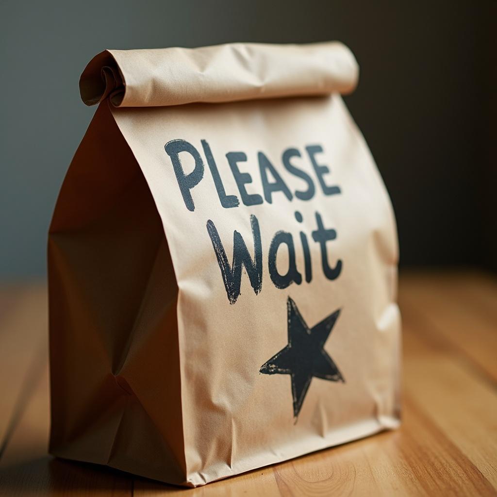 Image of a brown paper bag with 'Please Wait' written on it. A distressed black star is below the text. The bag rests on a wooden table. Soft, diffused lighting creates a warm atmosphere. The composition expresses a feeling of waiting.