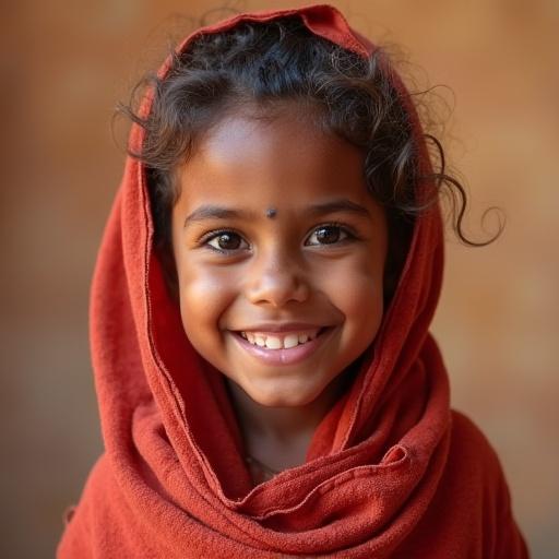 A smiling Moroccan child wearing traditional clothing. The child has a joyful expression and is looking directly at the camera. Background is softly blurred.
