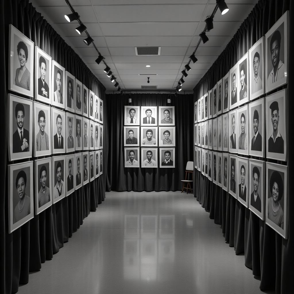 The image features a gallery showcasing black and white photographs of African American graduates. The walls are lined with floor-to-ceiling portraits, capturing the essence of each individual. The space is framed with black drapes, creating a formal gallery atmosphere. A striking arrangement is found at the center of the room, highlighting a curated collection of faces. The lighting is bright and even, focusing attention on the photos while creating a reflective ambiance.