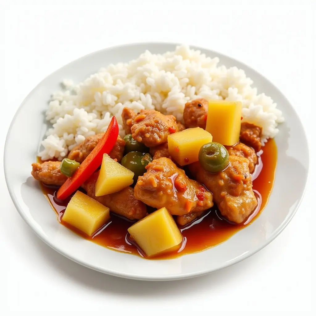 Chicken with sweet and sour sauce on white plate. Pieces of peppers and pineapple included. Rice served on the side. Ultra realistic image with white background. Zoomed out view.