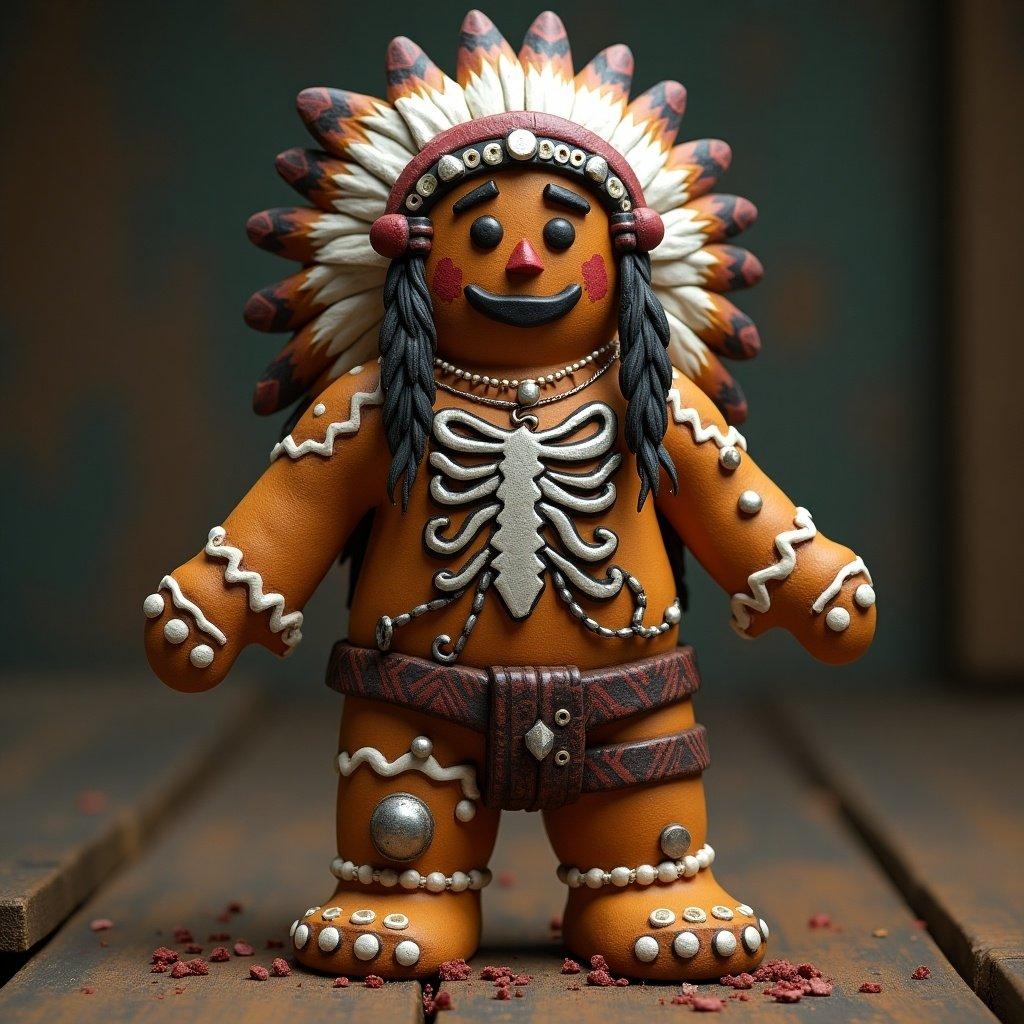 Gingerbread man inspired by Native American culture. Decorated with beads and feathers. Missing one leg. Sporting a death metal shirt. Exquisite craftsmanship and detail are evident.