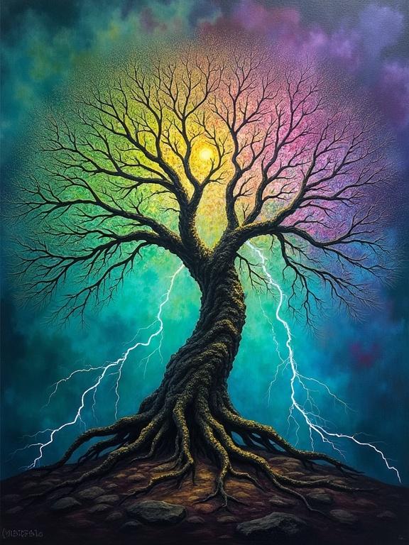 An ancient tree showcasing intricate branches. Lightning strikes around the tree creating energy. Abstract painting done in mixed media style. Vivid vibrant colors like green and purple dominate the background. Explosive details emphasize the glowing cracks in the tree.