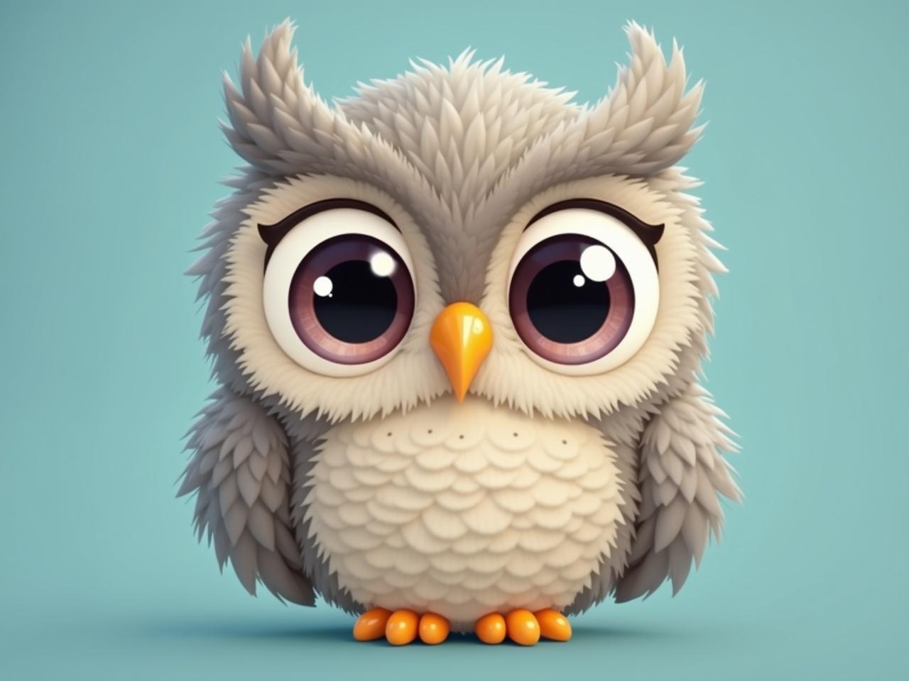 The image features a cute, cartoonish owl character. The owl has large, expressive eyes that are round and shiny, giving it a whimsical look. Its feathers are fluffy and soft, displaying a mixture of light brown and grey colors. The owl has a small, triangular yellow beak that stands out against its fluffy face. The background is a simple, muted blue, which helps the owl's colorful features pop out. Overall, the owl appears friendly and approachable, making it seem like a fun character for a children's story or animation.