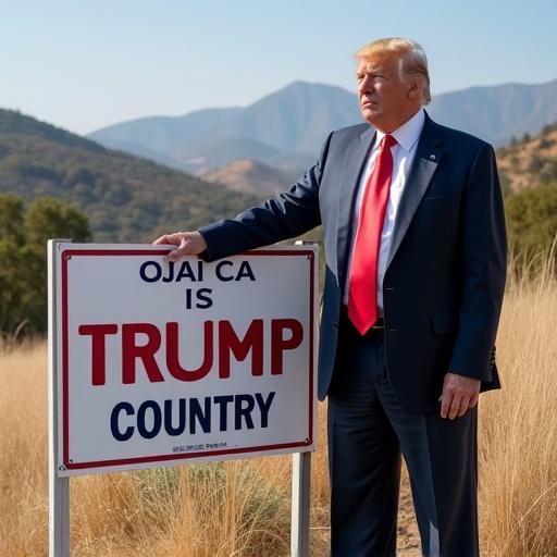Donald Trump stands next to a sign that states Ojai California is Trump Country. The background features rolling hills of the Ojai valley. The atmosphere is bright and sunny.