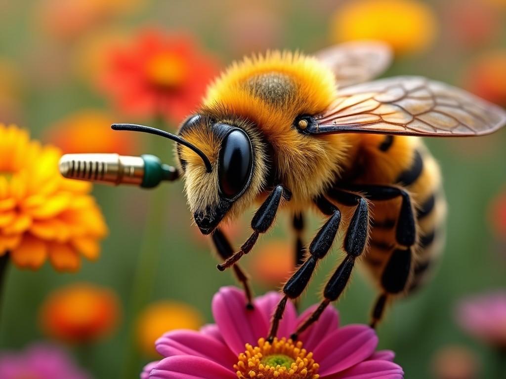 This image showcases an ultra realistic close-up of a soldier bee holding a pollen gun. The bee, with its characteristic yellow and black striped body, is positioned on a vibrant pink flower. In the background, colorful blossoms create a lively atmosphere. The bee's intricate details are highlighted, including its eyes and textured wings. The concept of a bee using a pollen gun adds a whimsical touch to the natural scene.