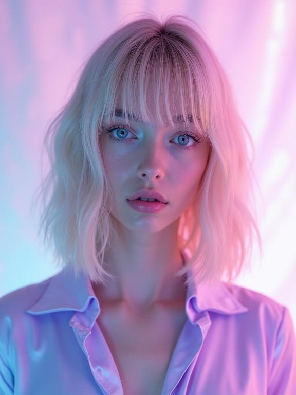Surreal hyper-realistic portrait of a woman with fair skin and straight blonde hair in a lavender silk blouse. Soft pastel colors create a dreamy atmosphere. Background features swirling gradients of pinks and blues. Gentle lighting enhances surreal beauty.
