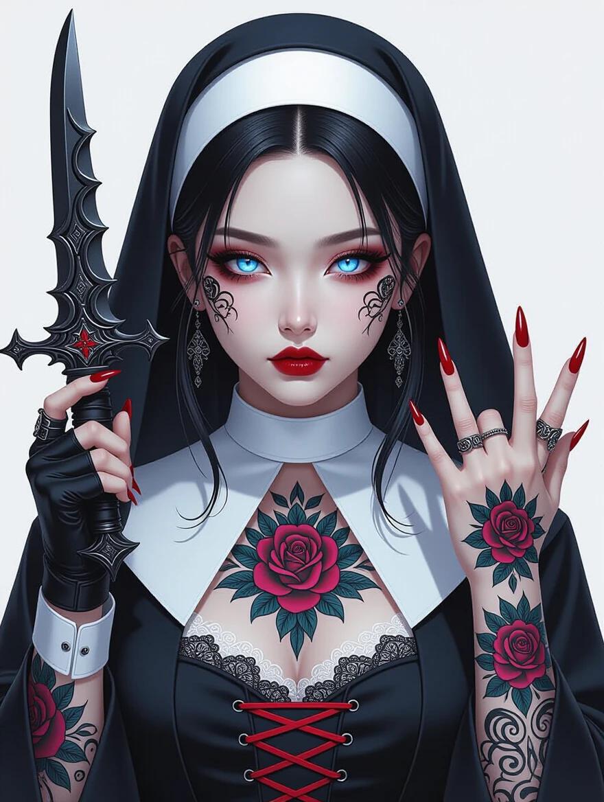 Ultra-realistic gothic portrait of rebellious woman. She has glowing blue eyes and porcelain skin. Expression is innocent yet fierce. Elegant tattoos decorated with roses and skull motifs. Traditional nun's habit with lace underlayers. Holding gothic dagger with left hand in rock gesture. Accessories include rings and earrings. Dark gray background with serene lighting. Textures in fabric and skin are ultra-detailed.