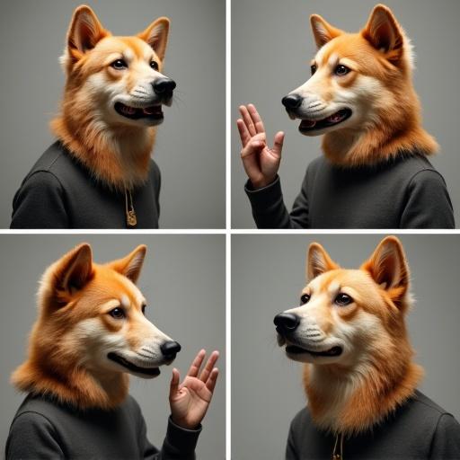 Multiple images show a human wearing a dog head speaking with expressive gestures from different angles.