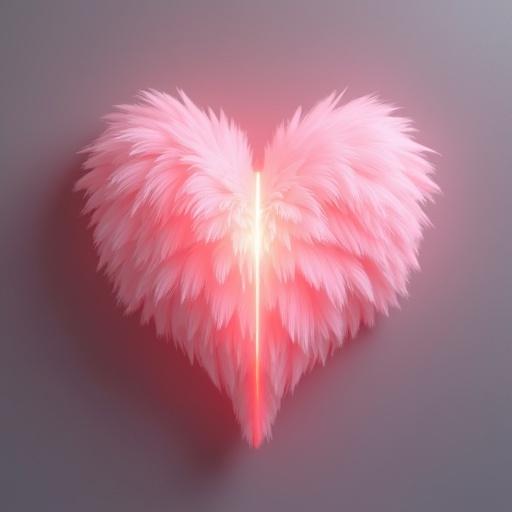 Create an image of a heart-shaped fluffy design glowing softly. The heart should have a luminous quality and an inviting pink color.