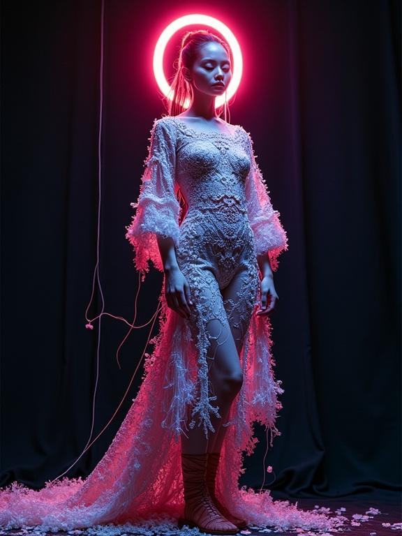 A surrealist full body portrait of a model wearing a futuristic dress with a neon halo. The outfit blends molecular design with traditional needlework. The visual style reflects artistic influences of Eiko Ishioka.
