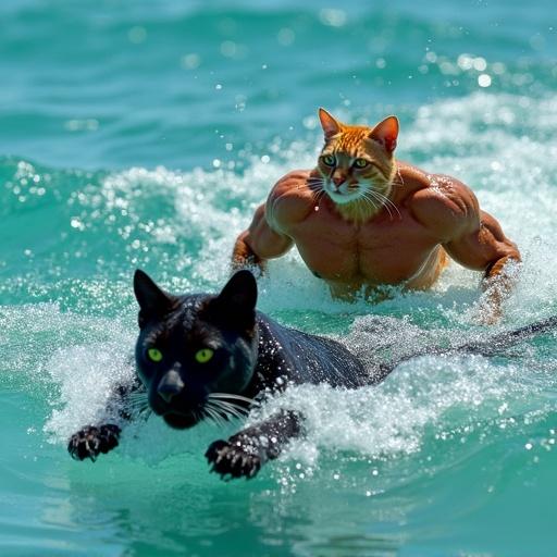 Ultra-realistic photo depicts anthropomorphic cats swimming in tropical sea. One muscular orange tabby showcases freestyle form. Shredded black panther dives beneath water surface. Both wear tight swim briefs. Sunlight glistens on their muscular bodies.