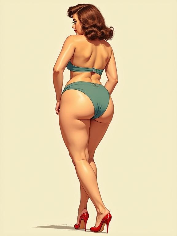 Illustration of a pinup model in a bikini from behind. Young woman with high heels. Curvy and plump features. Vintage style. Pastel colors.