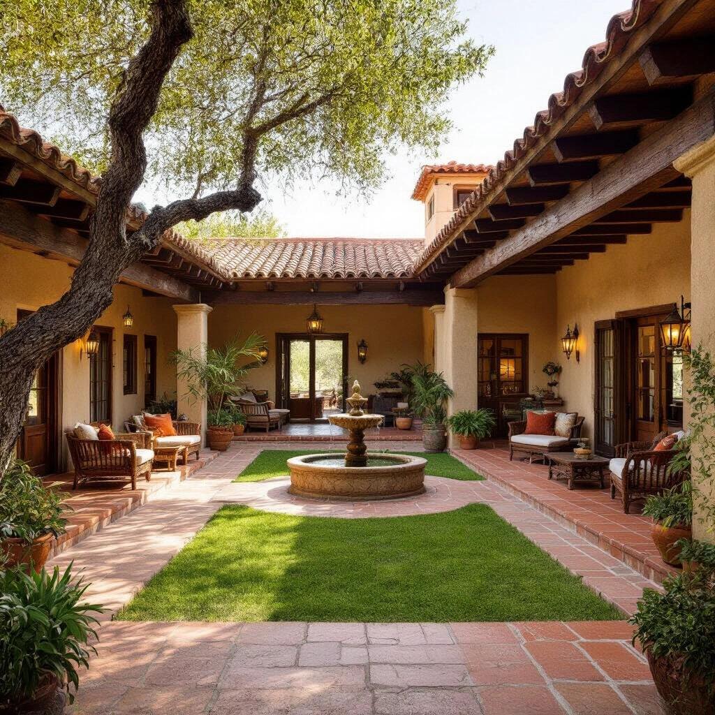 Rustic one-story house with a central open courtyard surrounded by the entire structure. Central patio has natural grass, clay tile flooring, a large tree, and a stone fountain in the middle. House features stone and adobe walls, wooden beams, terracotta tile roof, wrought iron-framed windows and doors. Each room opens to the courtyard with wooden doors and arches. Includes kitchen, living room, multiple bedrooms connected around the patio. Rustic warm lighting and handcrafted wooden furniture on porches. Earth-tone color palette and photorealistic architectural rendering. Golden hour lighting, no people, wide-angle exterior interior blend.