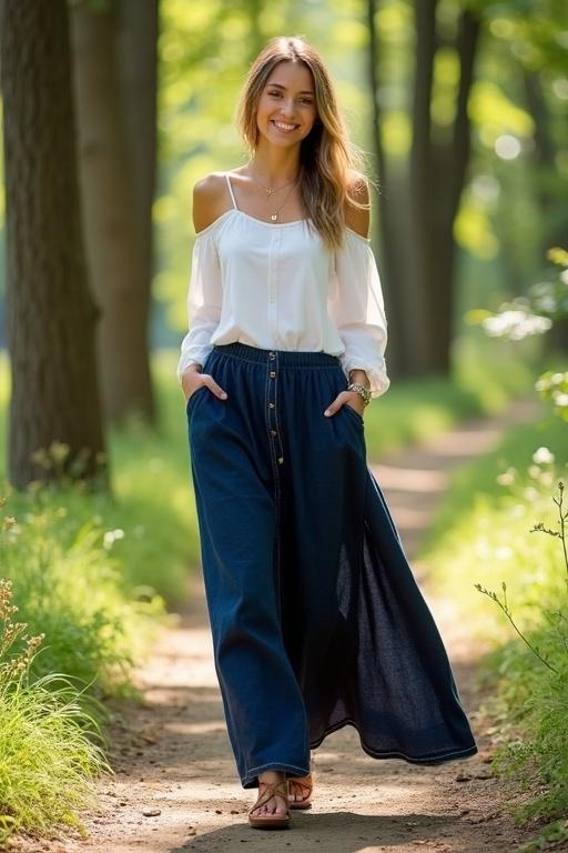 Model wearing a navy linen maxi skirt with high slit and decorative stitching. Lightweight white off-the-shoulder top. Brown leather flat sandals. Walking through sunny forest. Smiling at the camera. Beautiful natural setting.