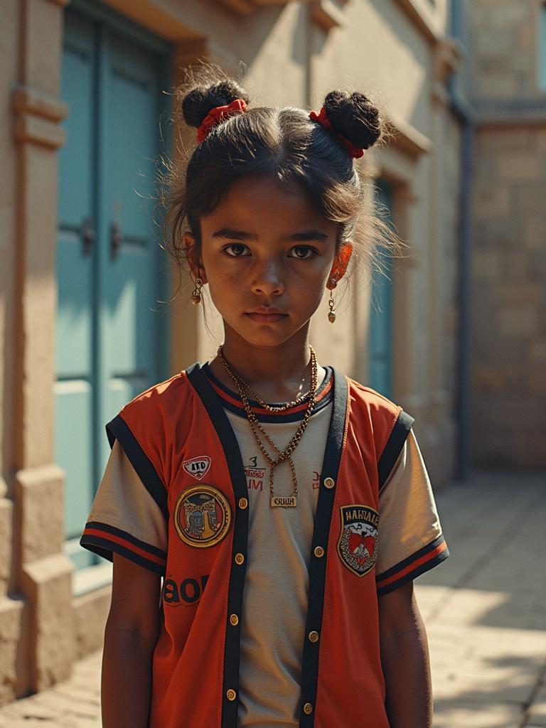 Child stands in bright urban setting wearing colorful jersey. Background features stylish architecture. Child has playful hairstyle and accessories.