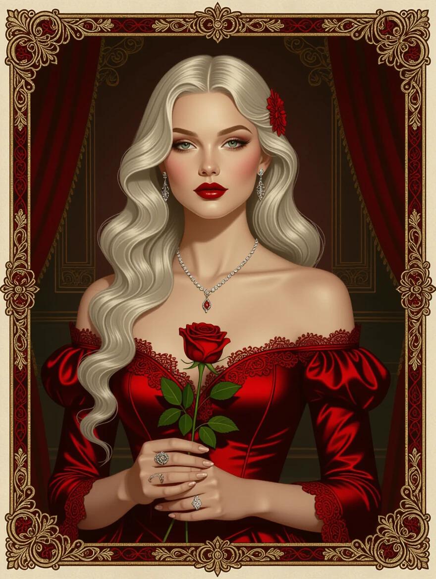 An oil portrait of a beautiful lean woman with long wavy white hair. She wears ornate red 1940s formalwear. A rose is held in her hands. The setting is a dim mansion room with a scarlet color scheme. The tone is dark and mysterious with an art nouveau border.