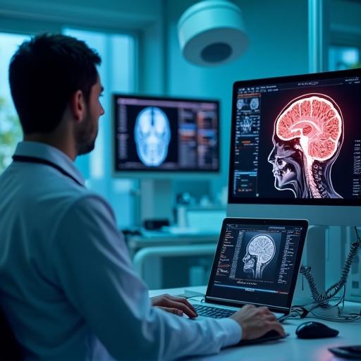 A doctor is analyzing a brain scan displayed on a digital screen in a medical setting. The environment shows advanced hospital technology. The doctor appears focused on the analysis process. Multiple monitors show brain images. Health research and diagnostics are highlighted.