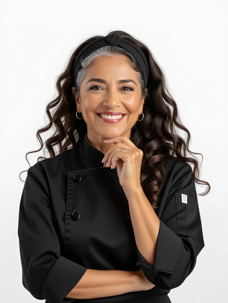Portrait of a Brazilian pastry chef. She has dark skin and long curly hair. Hair is tied back with a black headband. Wearing a black chef's uniform with long sleeves and black buttons. Chef is confident with hands on chin. Expression is friendly and professional. White background offers clean composition. Studio lighting creates soft shadows. High detail and depth of field.