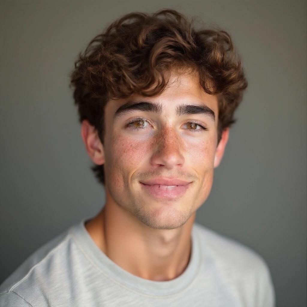 A young man with curly brown hair smiles warmly. He has freckles on his nose and cheeks. Strong eyebrows frame expressive eyes. His athletic build suggests an active lifestyle. Natural light accentuates his charm.