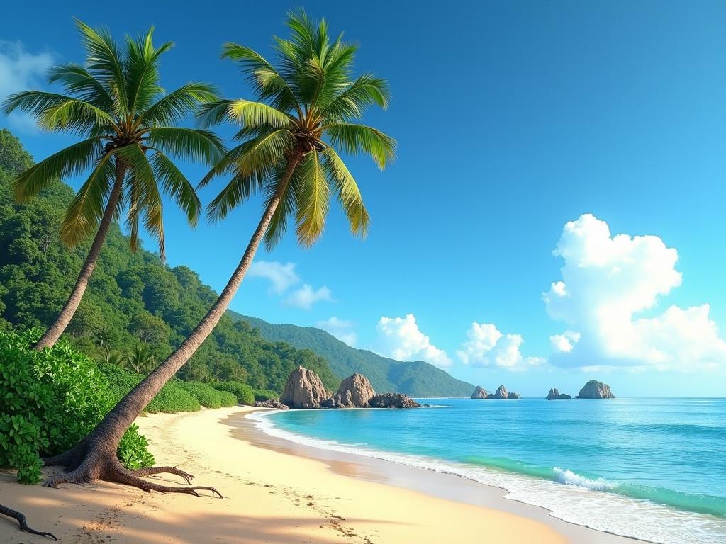 A beautiful tropical beach scene is depicted with two tall palm trees leaning towards each other. The sandy beach is mostly empty, allowing for a serene atmosphere. Gentle waves lap against the shore, reflecting the clear blue sky and a few fluffy white clouds. Lush green vegetation borders the beach, adding a vibrant contrast to the soft, golden sand. In the distance, rocky formations can be seen where the waves crash, enhancing the picturesque landscape. The whole scene conveys a sense of tranquility and relaxation, inviting the viewer to imagine themselves in this peaceful setting.