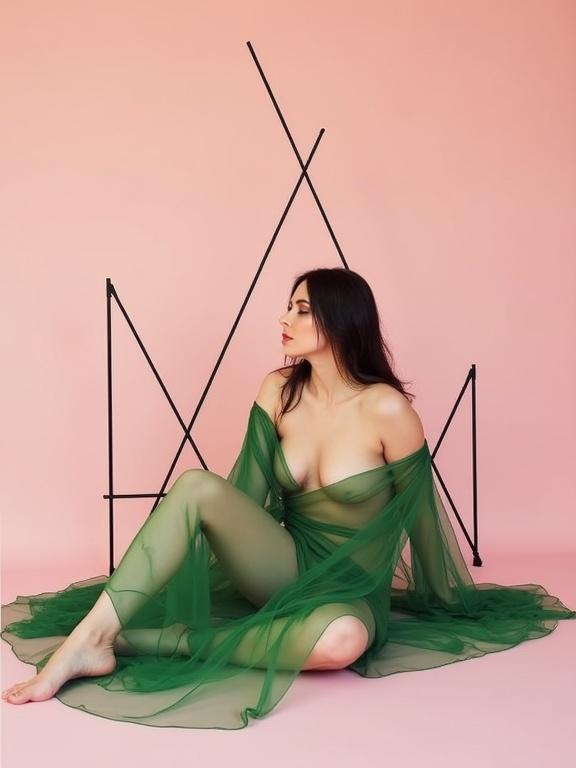 Striking photograph of a woman seated against a light pink background. Black geometric lines in the background. Woman positioned centrally. Body forming a triangular shape with backdrop. Soft diffused light highlights contours. Relaxed pose with one leg extended. Green semi-transparent drapery adds texture. Color palette of green, pink, and black. Evokes calmness and introspection. Refined, elegant style with subtle eroticism.