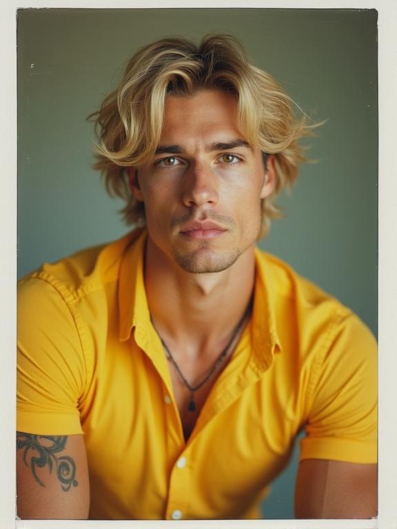 A handsome muscular man with blond hair poses in a yellow shirt. The image is a polaroid photograph emphasizing his facial features and expression.
