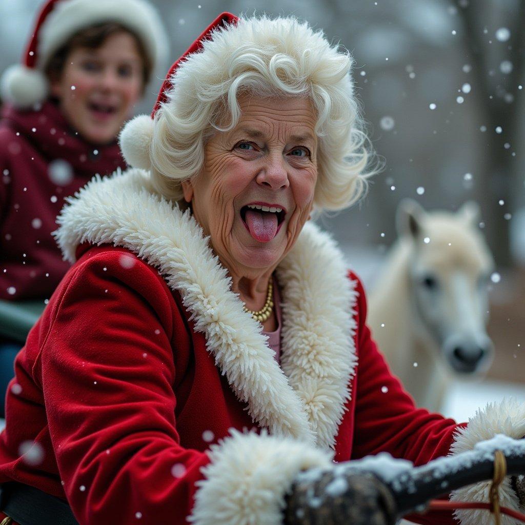 Mrs. Claus rides the Christmas sleigh. She expresses joy with her tongue out. The scene is festive and bright. A snowy winter landscape surrounds them. A horse pulling the sleigh is visible in the background.