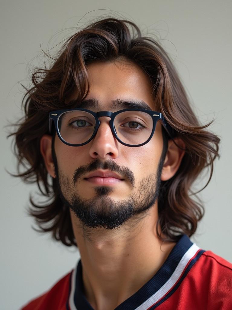 Young male with long brown hair and beard wears glasses in sports attire. Casual and relaxed expression.