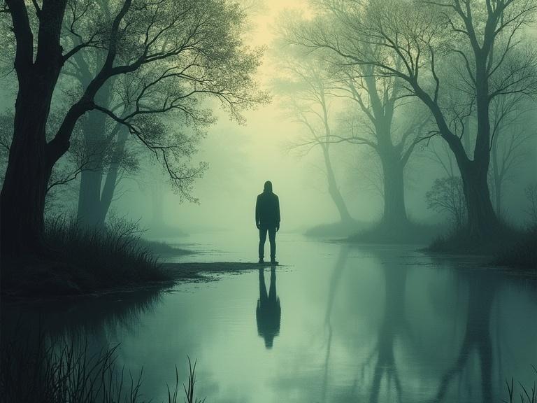 Lone figure stands at the edge of a misty bayou. Shadows and dense foliage surround the figure. Still waters reflect the figure. Atmosphere of mystery and foreboding. Rendered in pointillist style. Muted and earthy color palette with hints of blues and purples.